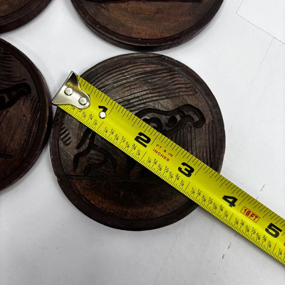 Vintage Hand Carved Wood Elephant Coaster Set of 4 with Matching Holder‎ Rustic